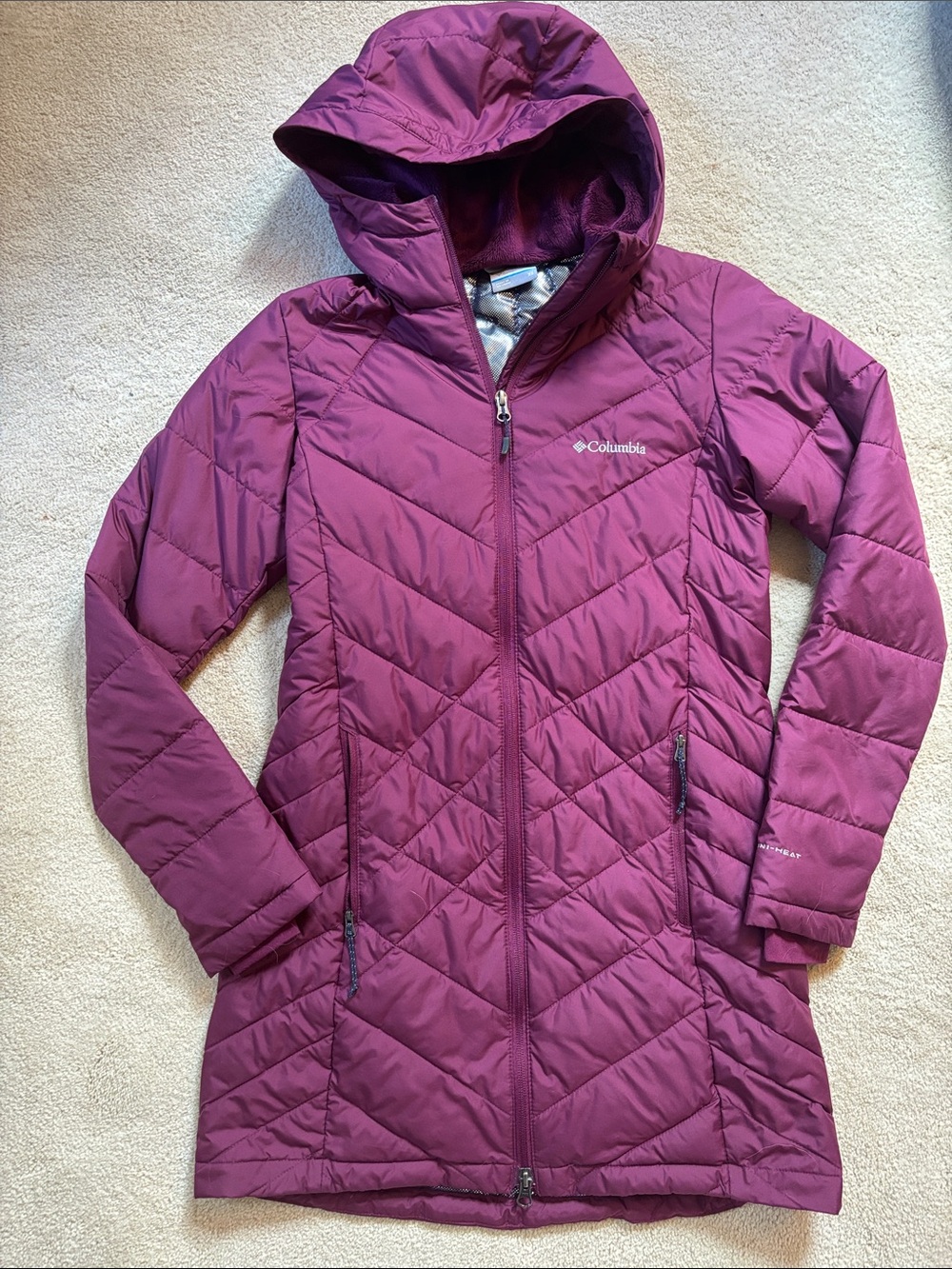 Columbia Omni heat Women's Hooded Long Puffer Jacket — Plum